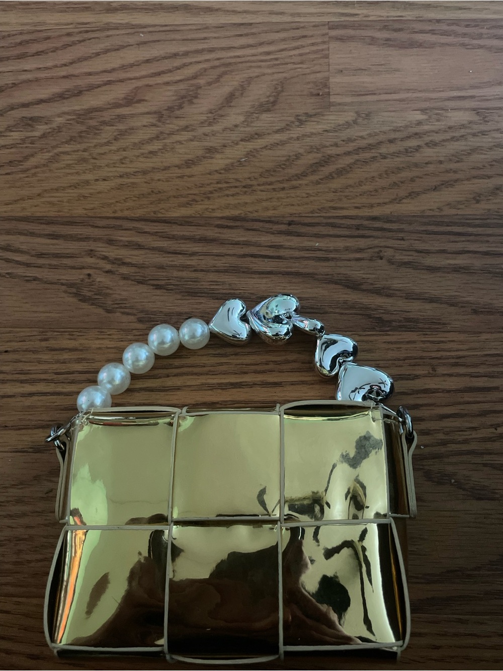Gold Metallic Mini Shoulder Bag with Pearl & Heart Handle